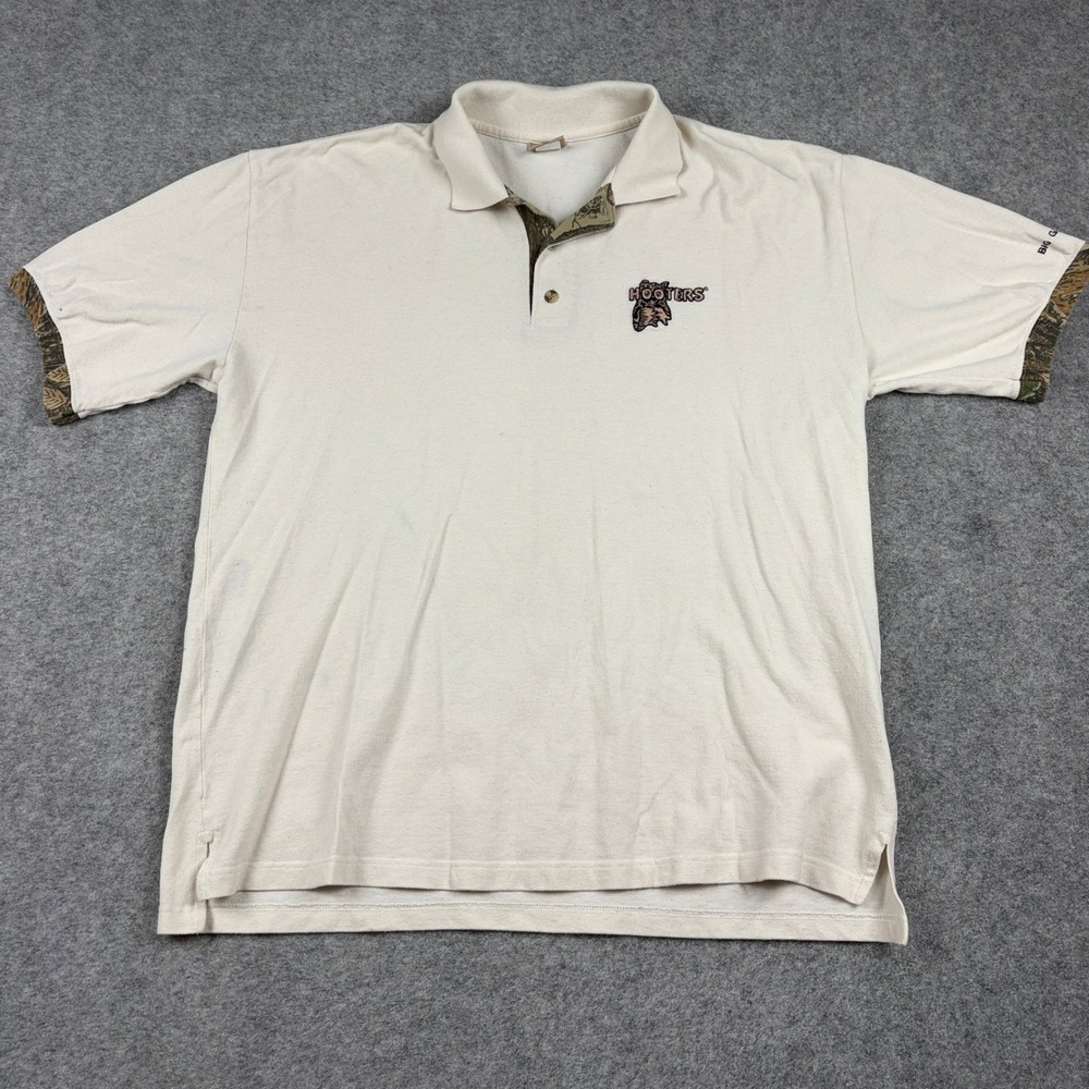 Hooters Camo Polo‎ Shirt Mens XXL Big Game Hunter Realtree Trim Cream Outdoors